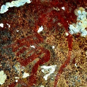 Höhlenkunst auf Sulawesi mit Kalkablegerungen über dem Pigment