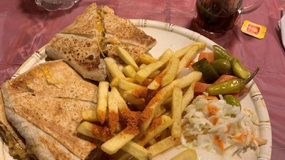 Schawarma - mit Fleisch gefülltes Fladenbrot, traditionell dazu eingelegtes Gemüse, Knoblauchsauce und Pommes Frites