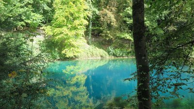 Der Blautopf - die größte Karstquelle Deutschlands - leuchtet im Sonnenlicht